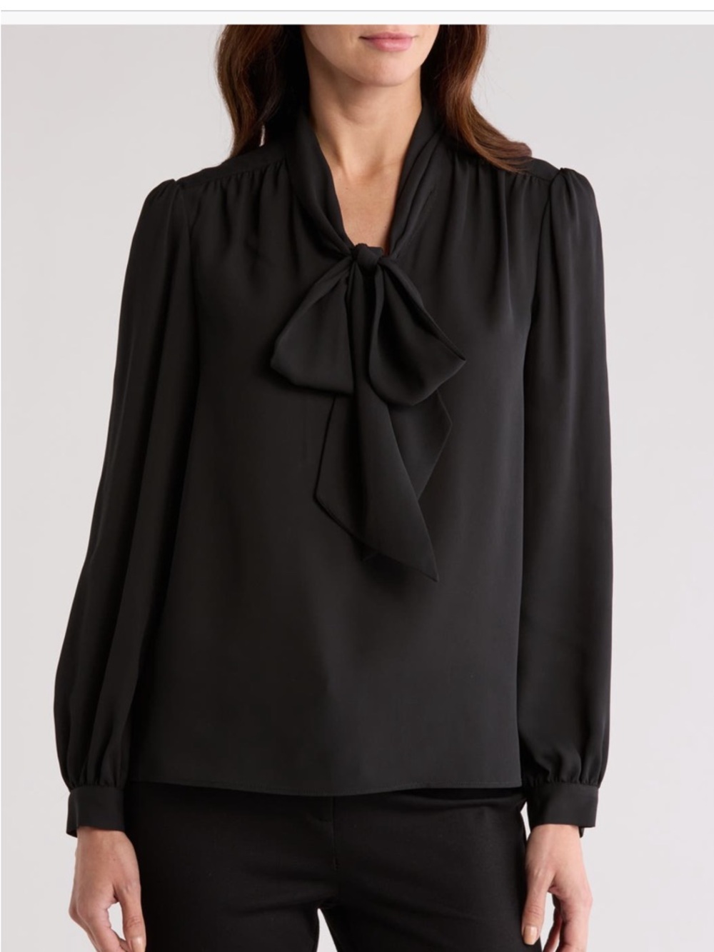 Black Bow-Neck Long Sleeve Blouse
